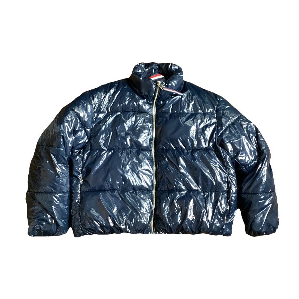 Tommy Hilfiger Glossy Navy Puffer Shiny Jacket Cropped Y2K Streetwear Large Wmn